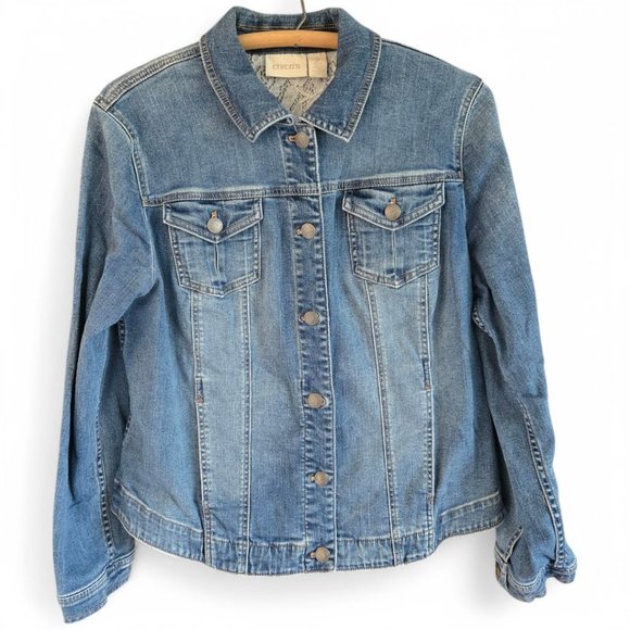Chicos Size 2 Womens Medium Blue Denim Jacket Rounded Hem Lace Detail - Picture 2 of 10